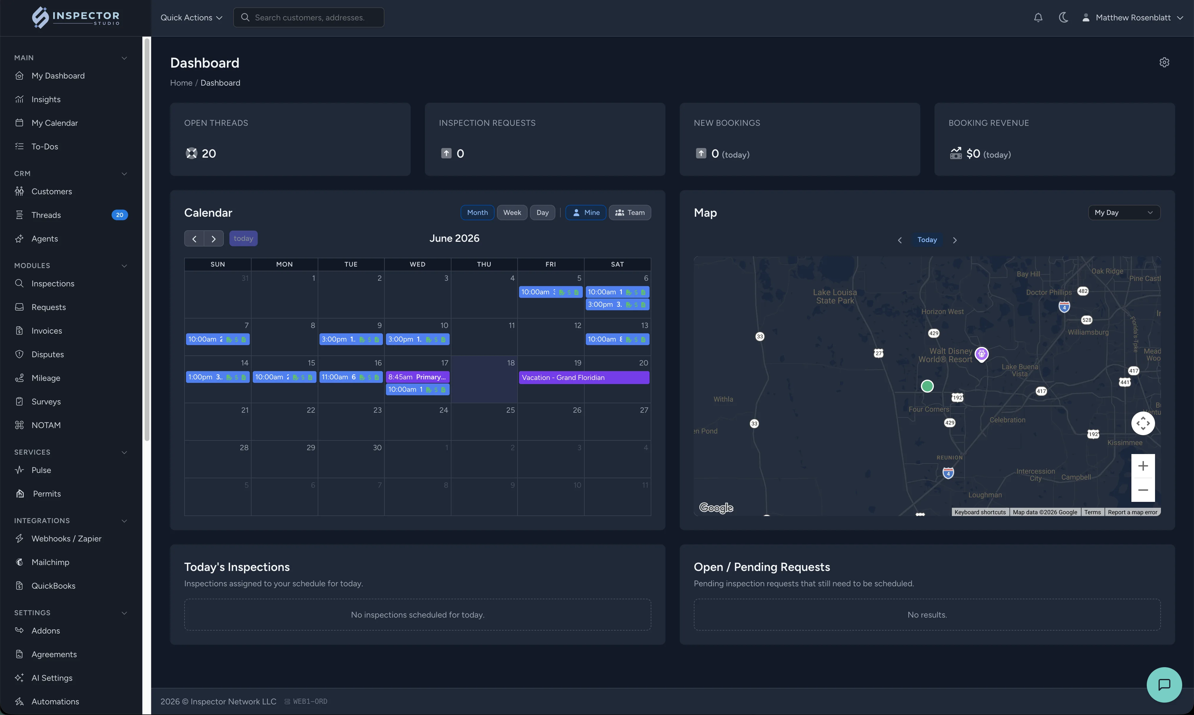 Inspector Studio dashboard with scheduling, business metrics, calendar, and territory map
