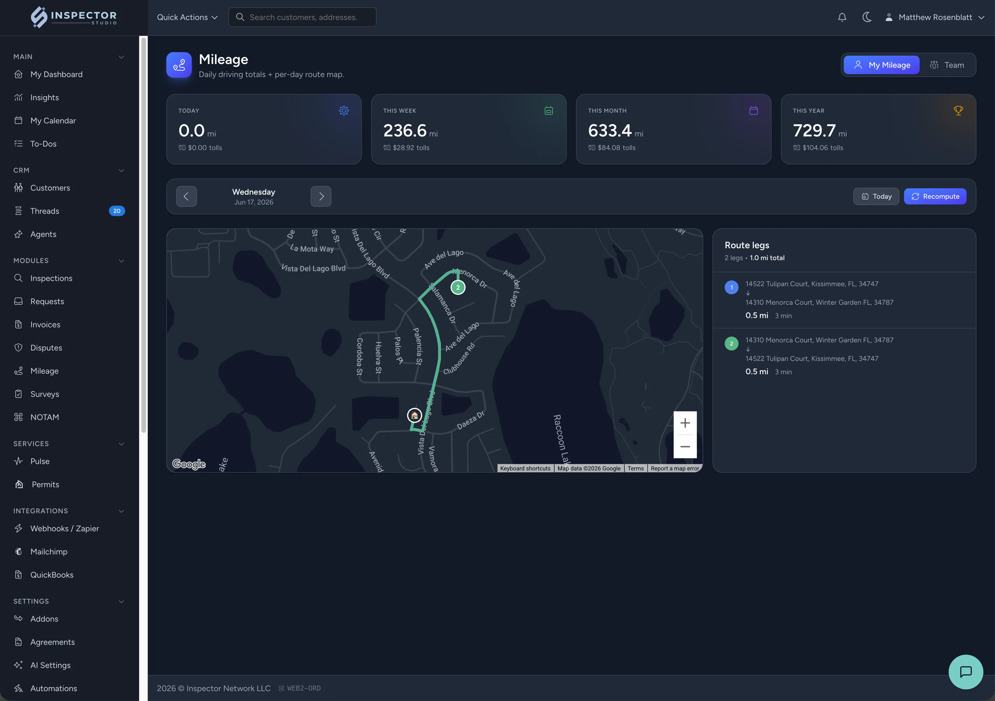 Automatic mileage tracking in Inspector Studio